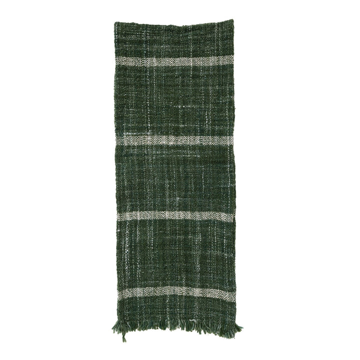 Woven Wool Blend Slub Table Runner W Stripes Fringe 1
