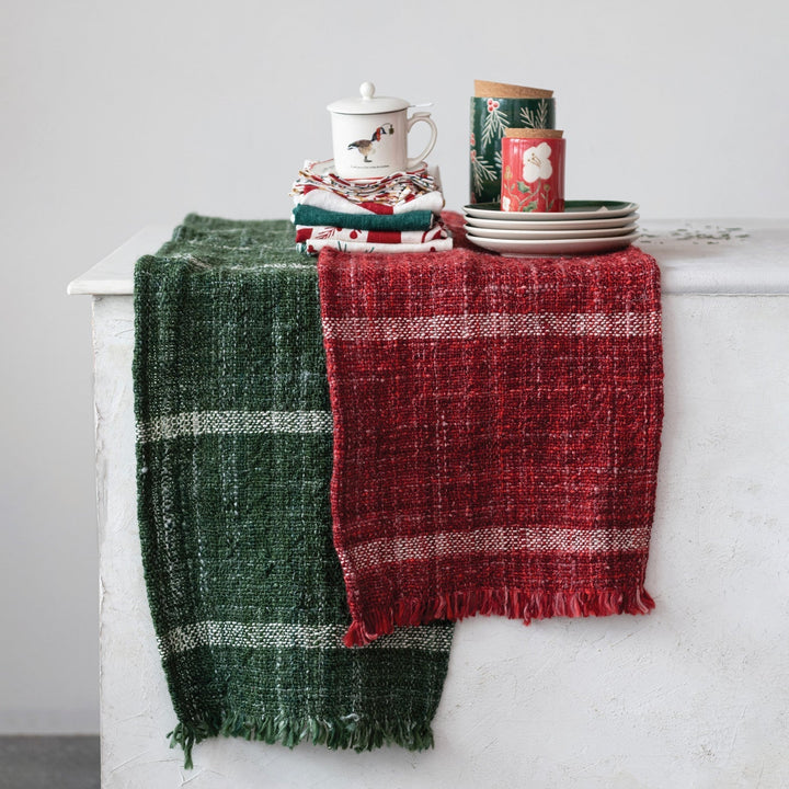 Woven Wool Blend Slub Table Runner W Stripes Fringe 3