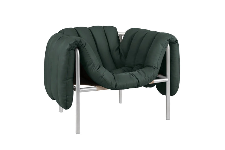 Puffy Dark Green Leather Lounge Chair 3