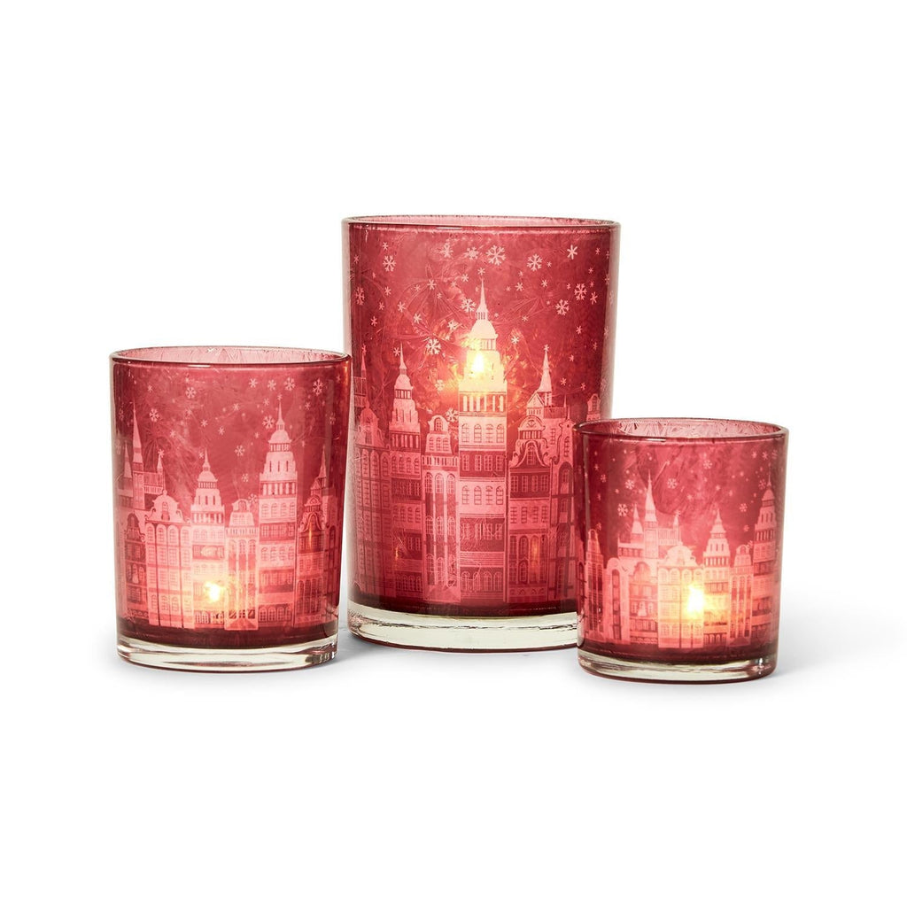Holiday Lights Set Of 3 Winter Town Scene Candleholders 1