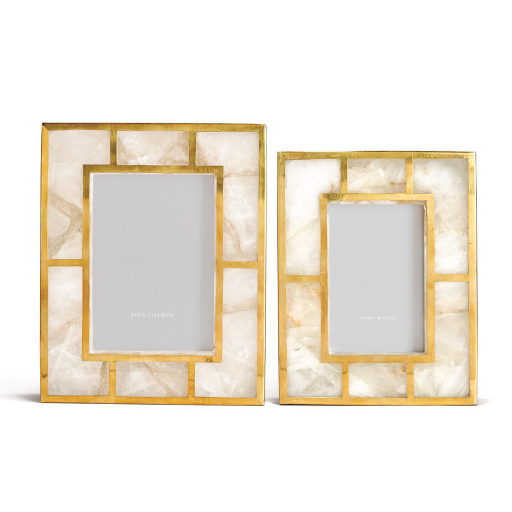 white quartz set of 2 photo frames with brass trim in gift box 1 1
