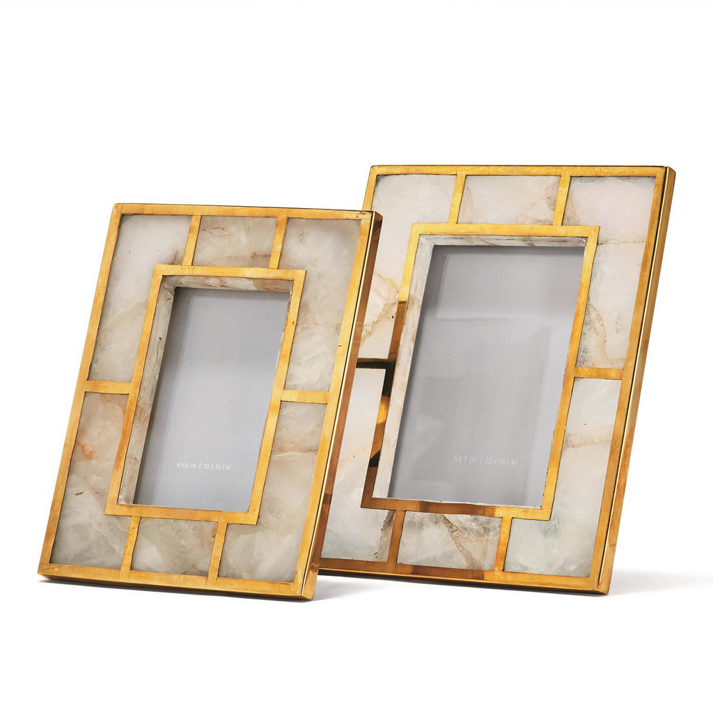 white quartz set of 2 photo frames with brass trim in gift box 1 2