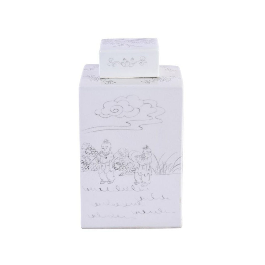 Ink Painting Square Tea Jar with Playful Kids