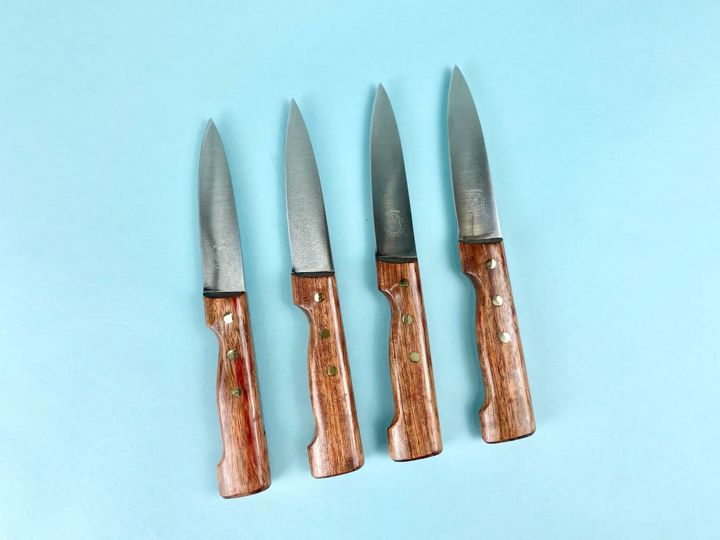 au nain boucher set of 4 rosewood handle steak knives in leather pouch 1
