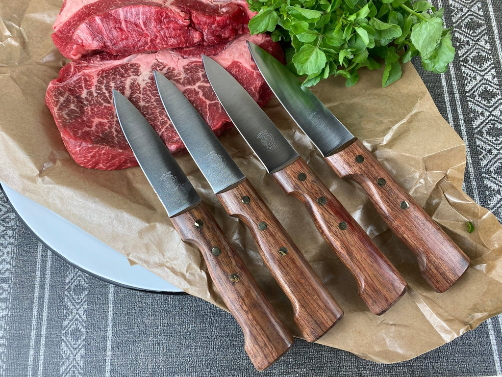 au nain boucher set of 4 rosewood handle steak knives in leather pouch 2