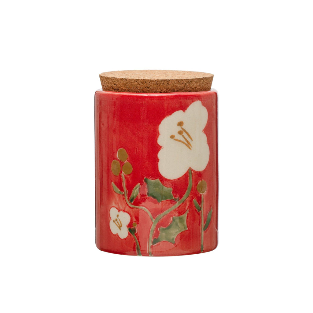 Hand-Painted Stoneware Canister w/ Wax Relief Flowers