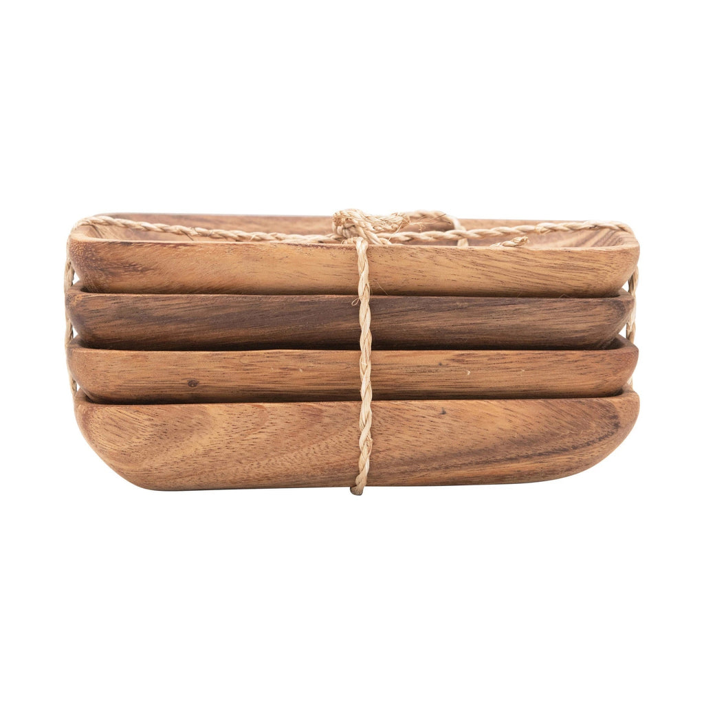 acacia wood trays with seagrass tie set of 4 1