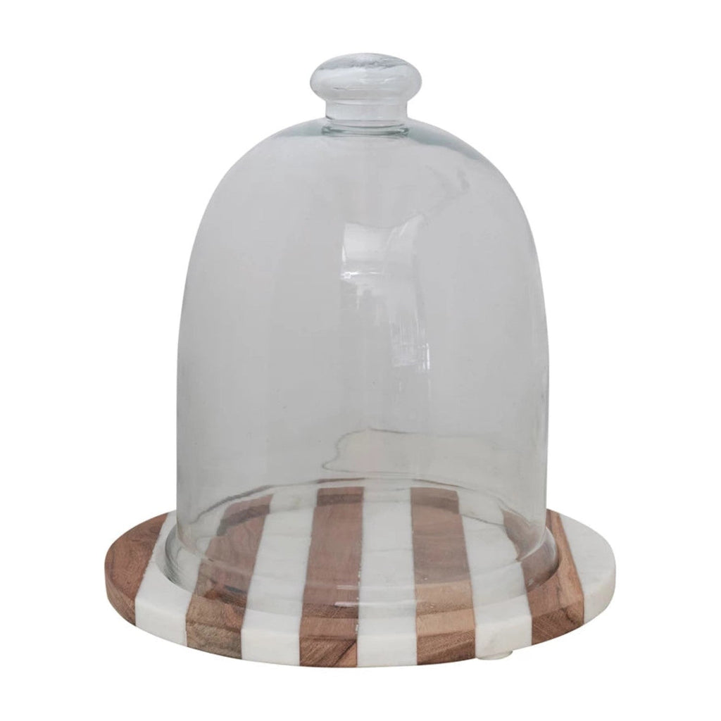 glass cloche with striped wood and marble base set of 2 1