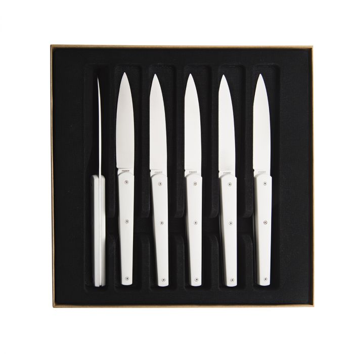 Mirror Mirage Gift Box of 6 Table Steak Knives in White by Degrenne Paris