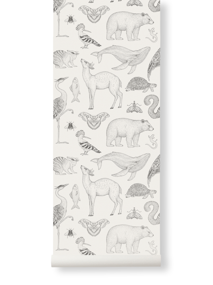 Animals Wallpaper in Off-White by Katie Scott for Ferm Living