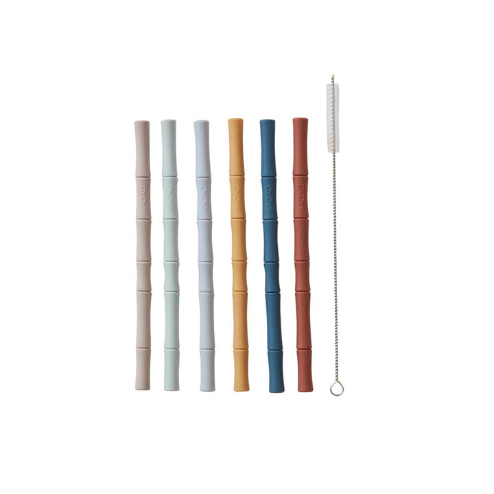 Pack of 6 Bamboo Silicone Straw in Caramel / Blue