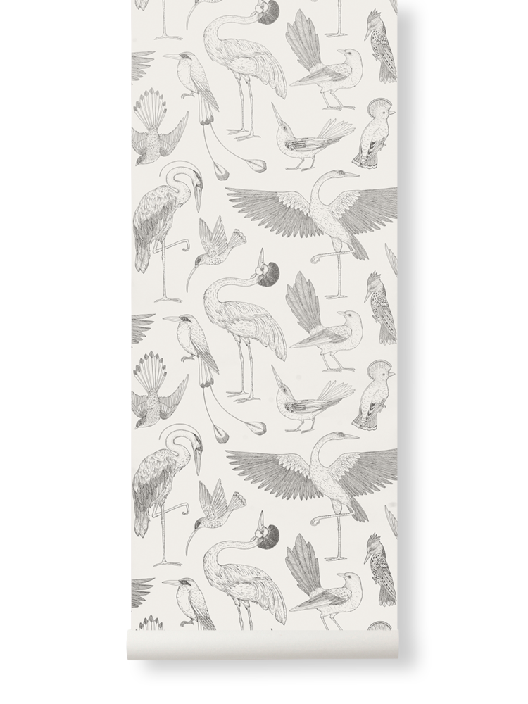 Birds Wallpaper in Off-White by Katie Scott for Ferm Living