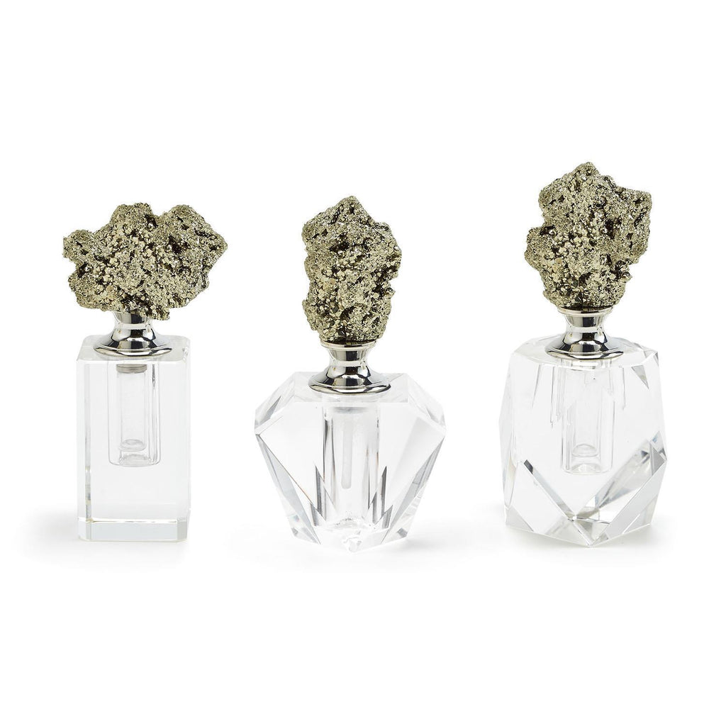 Cut Glass Perfume Bottle with Natural Pyrite Stone Topper in Gift Box Assorted 3 Bottle Designs